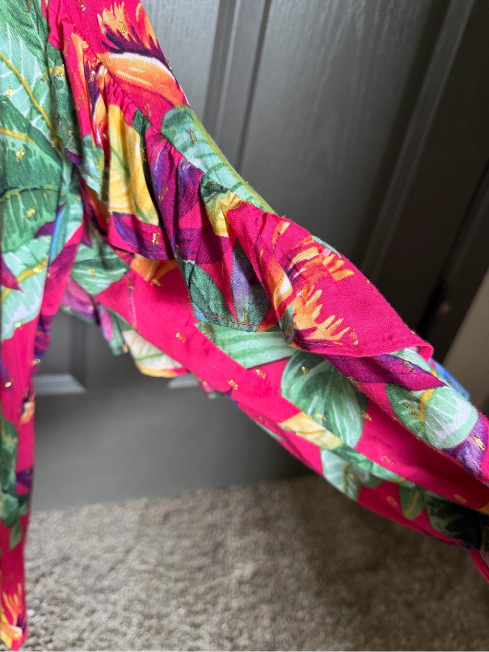 Chico's Fuchsia Tropical Leaf Tassel Blouse - Picture 6 of 12
